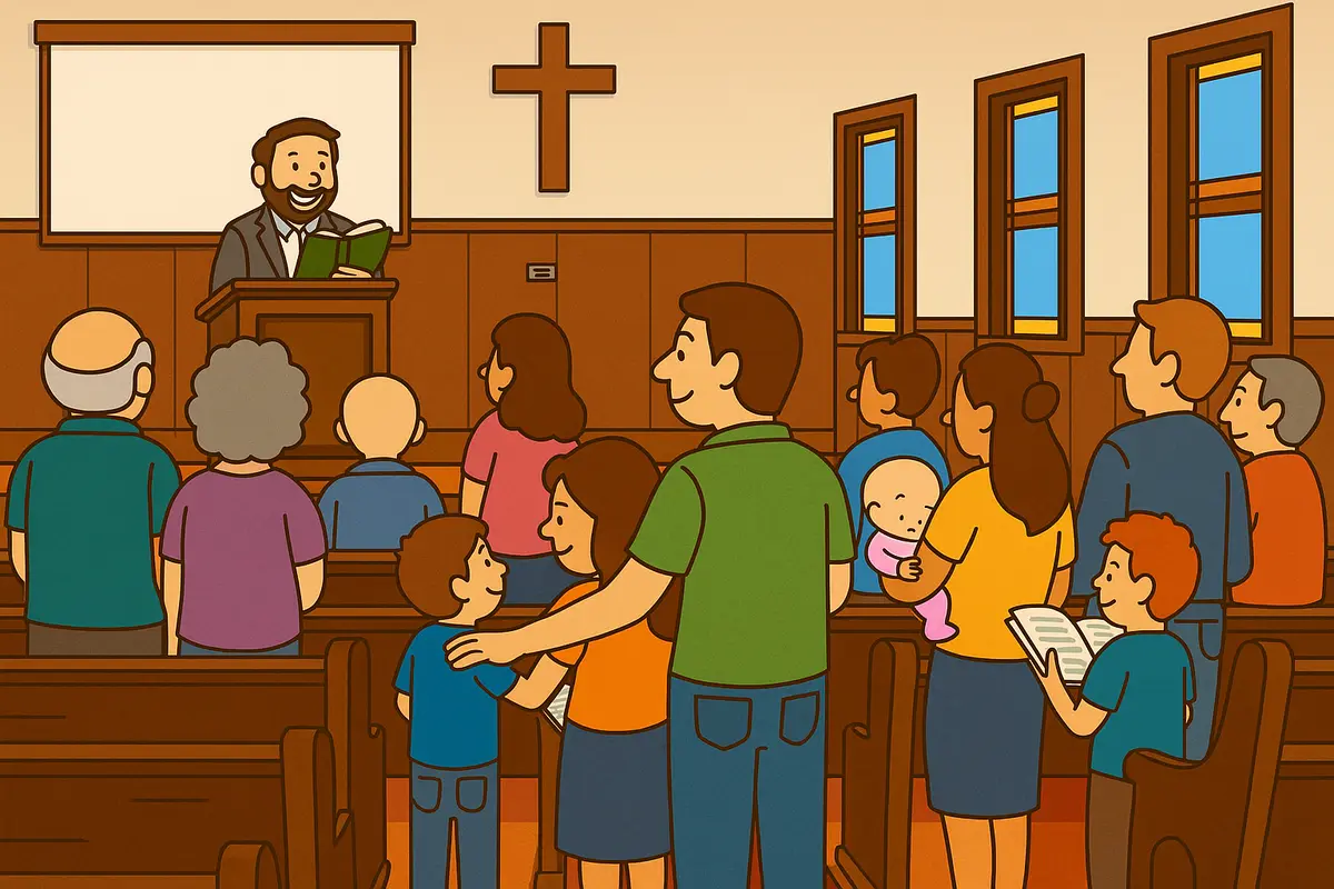 Illustration of a family-filled church with a pastor preaching