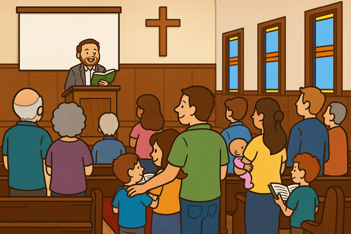 Illustration of children and families worshiping together in church pews